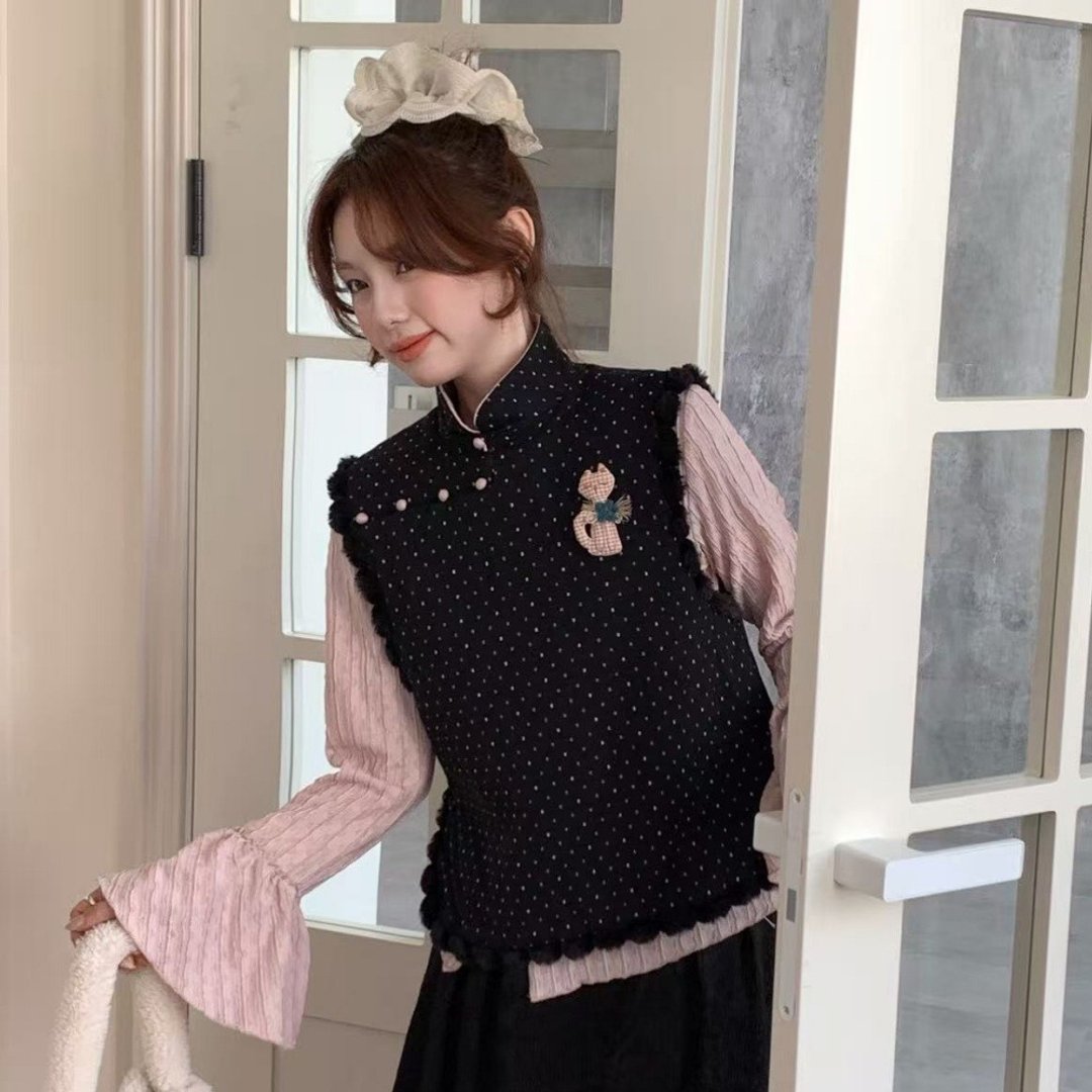 黑色波點 國風中式夾棉漢服馬甲旗袍 内搭上衣 新中式春節戰袍 - 洋装/连衣裙 - 聚酯纤维 黑色