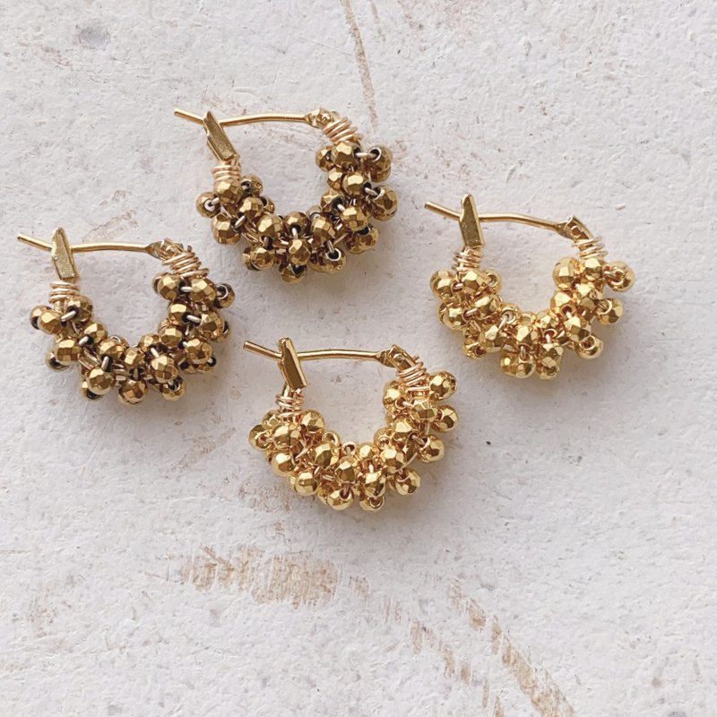 *天然石*金色系 小巧圆珠圈形耳环 - 耳环/耳夹 - 宝石 金色