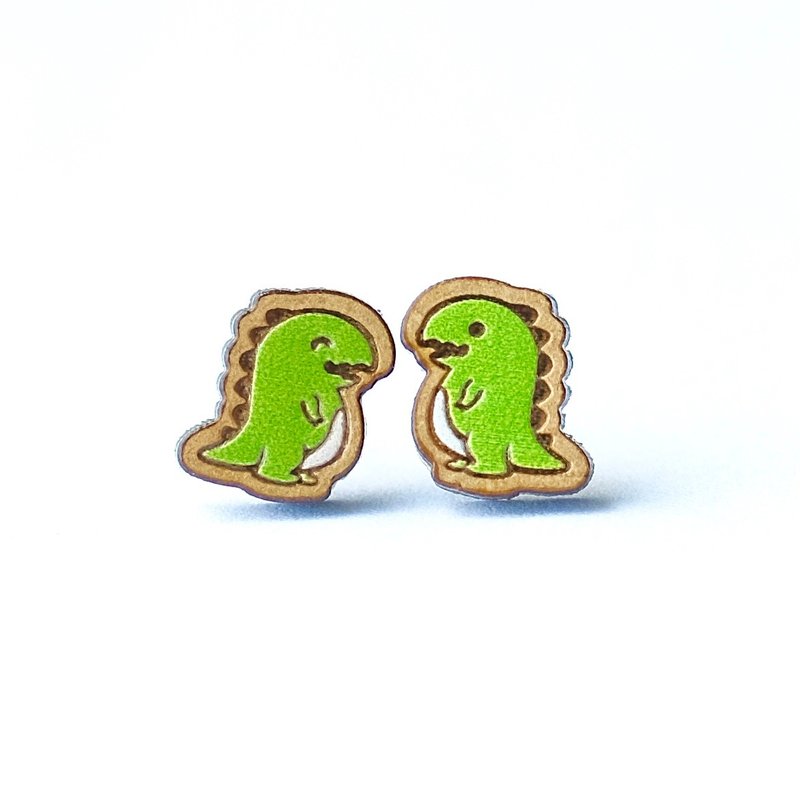 彩绘木耳环-暴龙(粉绿) - 耳环/耳夹 - 木头 绿色