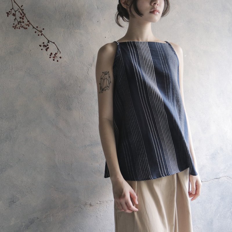 绑带条纹削肩背心 条纹蓝 - 女装背心 - 棉．麻 蓝色