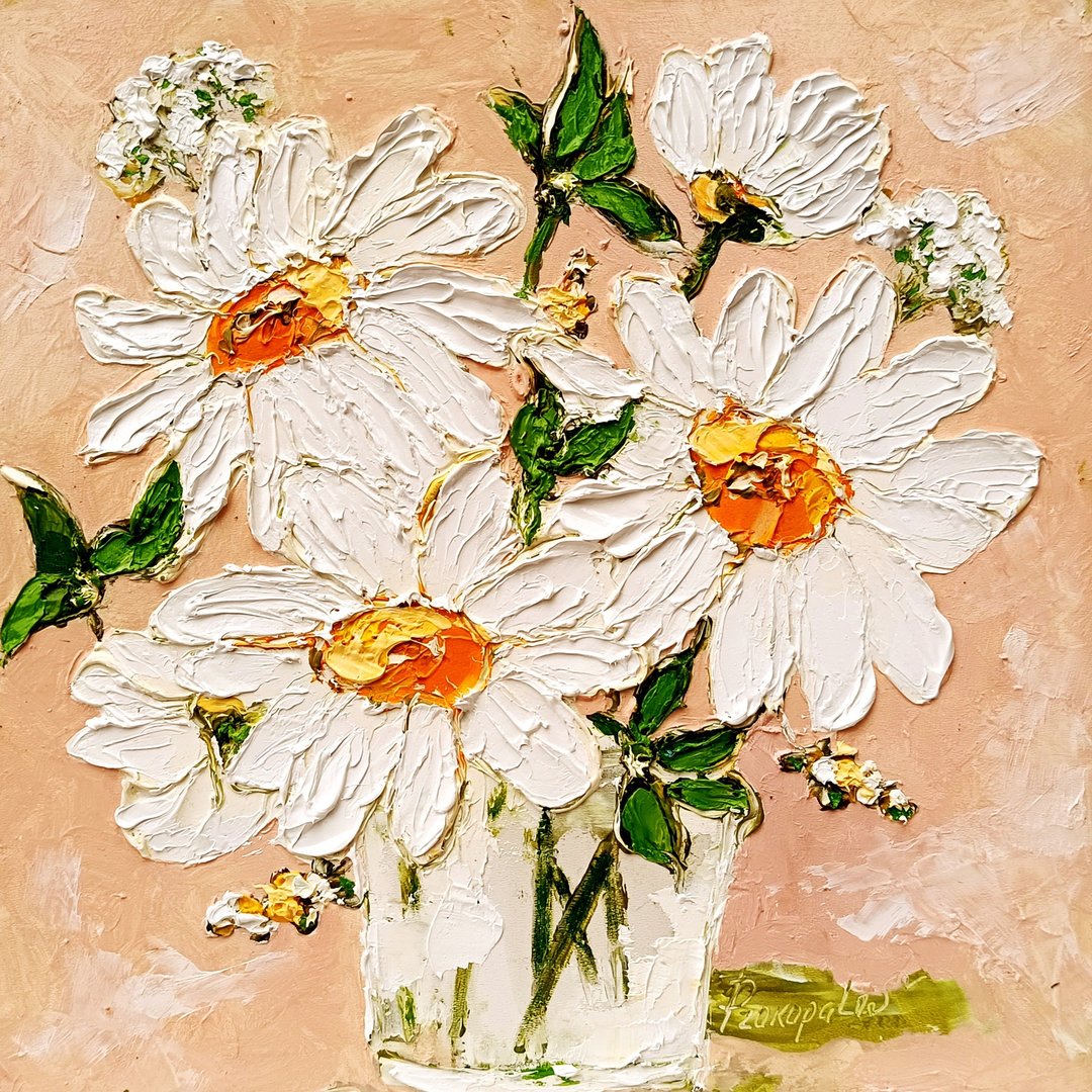 雏菊油画原创艺术品厚涂 FlowerArt 雏菊花 10 x 10 - 墙贴/壁贴 - 其他材质 白色