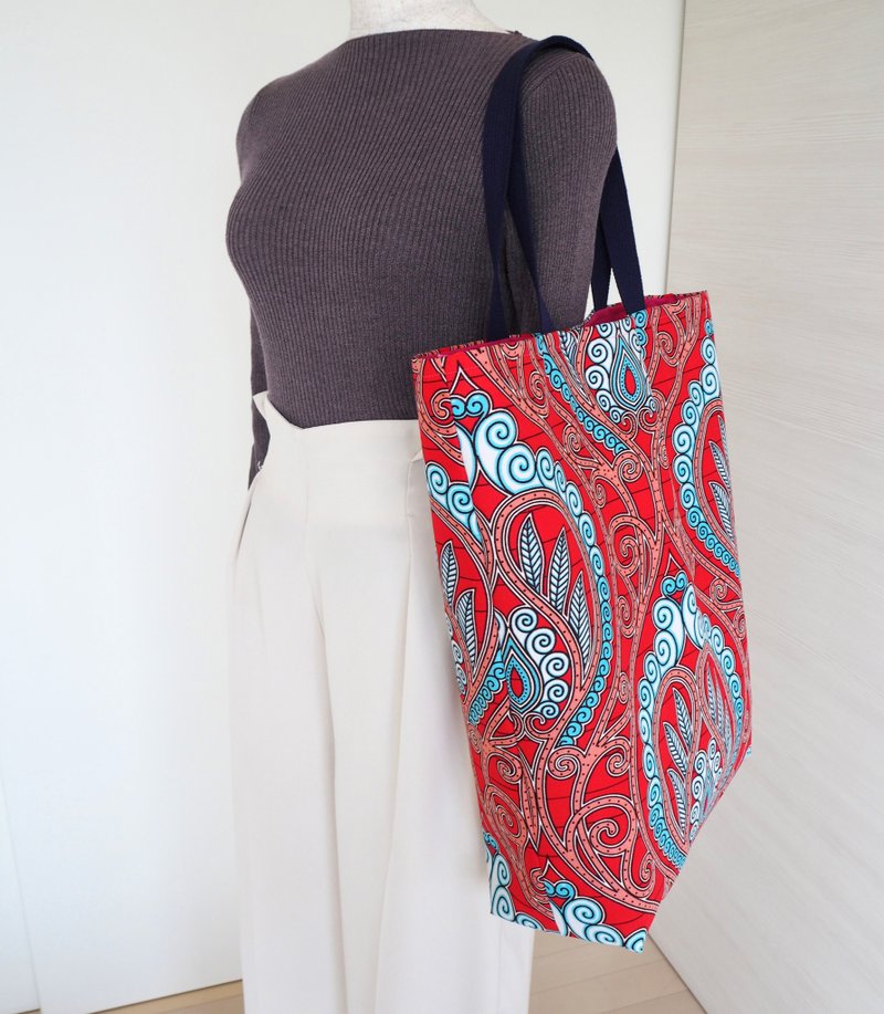 【日本制 手作】非洲布料 x 帆布托特包 大容量 妈妈包 多彩 非洲印花 个性红色 大包 帆布包 - 手提包/手提袋 - 棉．麻 红色