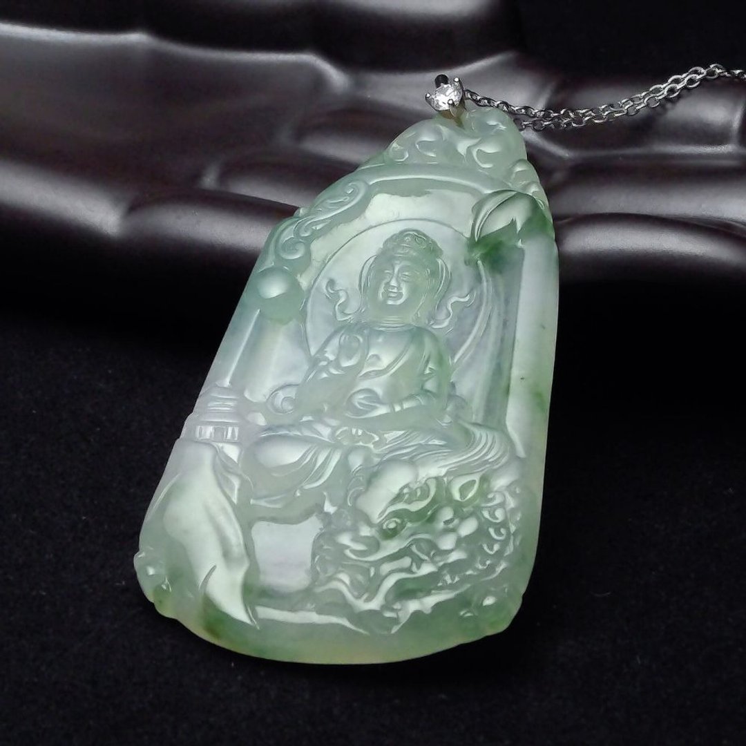 收藏级冰玻种飘花翡翠 文殊菩萨翡翠吊坠 翡翠缅甸 A 货 QJ-0002 - 项链 - 玉石 