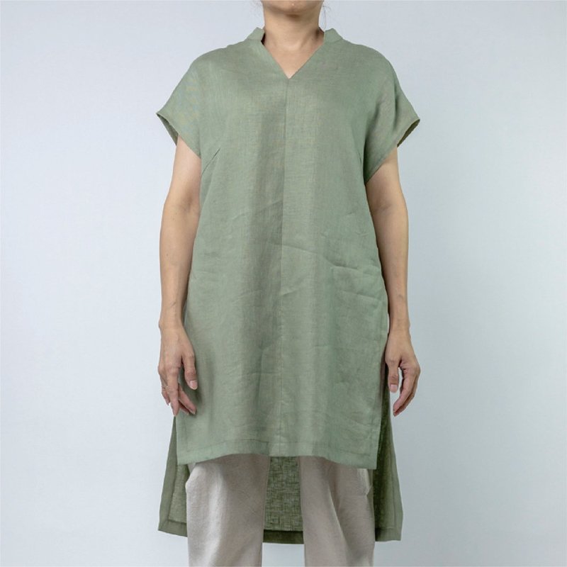 立领长版开衩衫   亚麻 | 灰绿 - 女装上衣 - 亚麻 