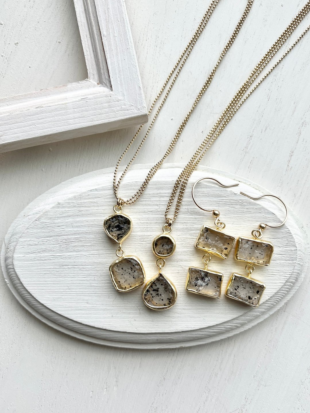 Dot Quartz bezel Necklace, Earring - 项链 - 半宝石 透明