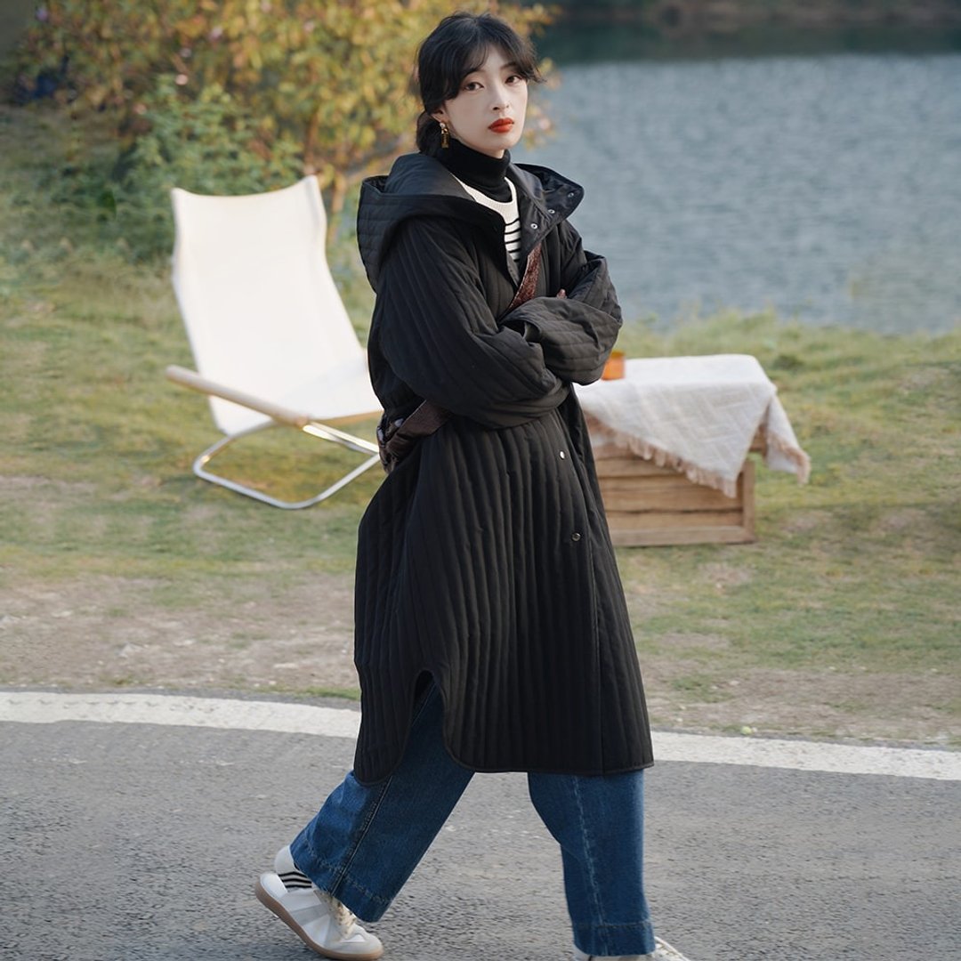 黑色长款连帽棉服外套|外套|秋冬款|Sora-860 - 女装休闲/机能外套 - 其他人造纤维 黑色