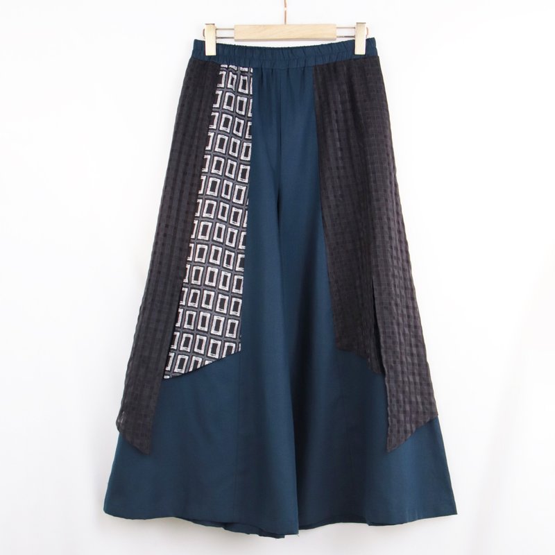 藏青 - 小黑格白方格拼接松紧裤裙 #U2066 - 女装长裤 - 棉．麻 蓝色