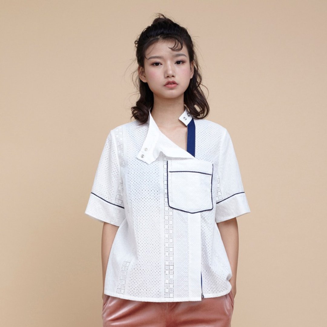 kitann ino 小立领撞色镶边刺绣纯棉衬衫 - 女装衬衫 - 棉 白色