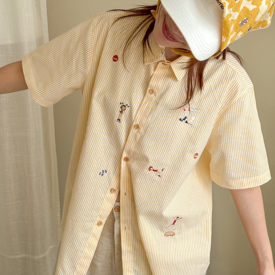 刺绣衬衫 (Embroidery Shirt) 黄色条纹 (Yellow Stripe) - 女装衬衫 - 棉 黄色