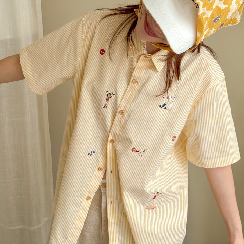刺绣衬衫 (Embroidery Shirt) 黄色条纹 (Yellow Stripe) - 女装衬衫 - 棉．麻 黄色