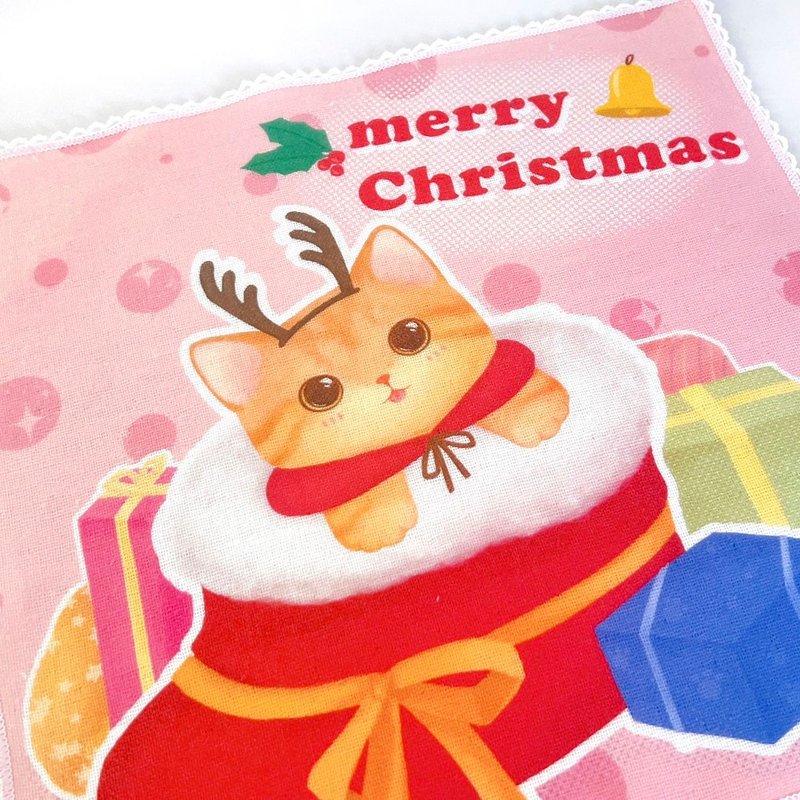 【圣诞礼物】纯棉100% MIT不掉色::插画小方巾-猫猫圣诞袜 - 手帕/方巾 - 棉．麻 粉红色