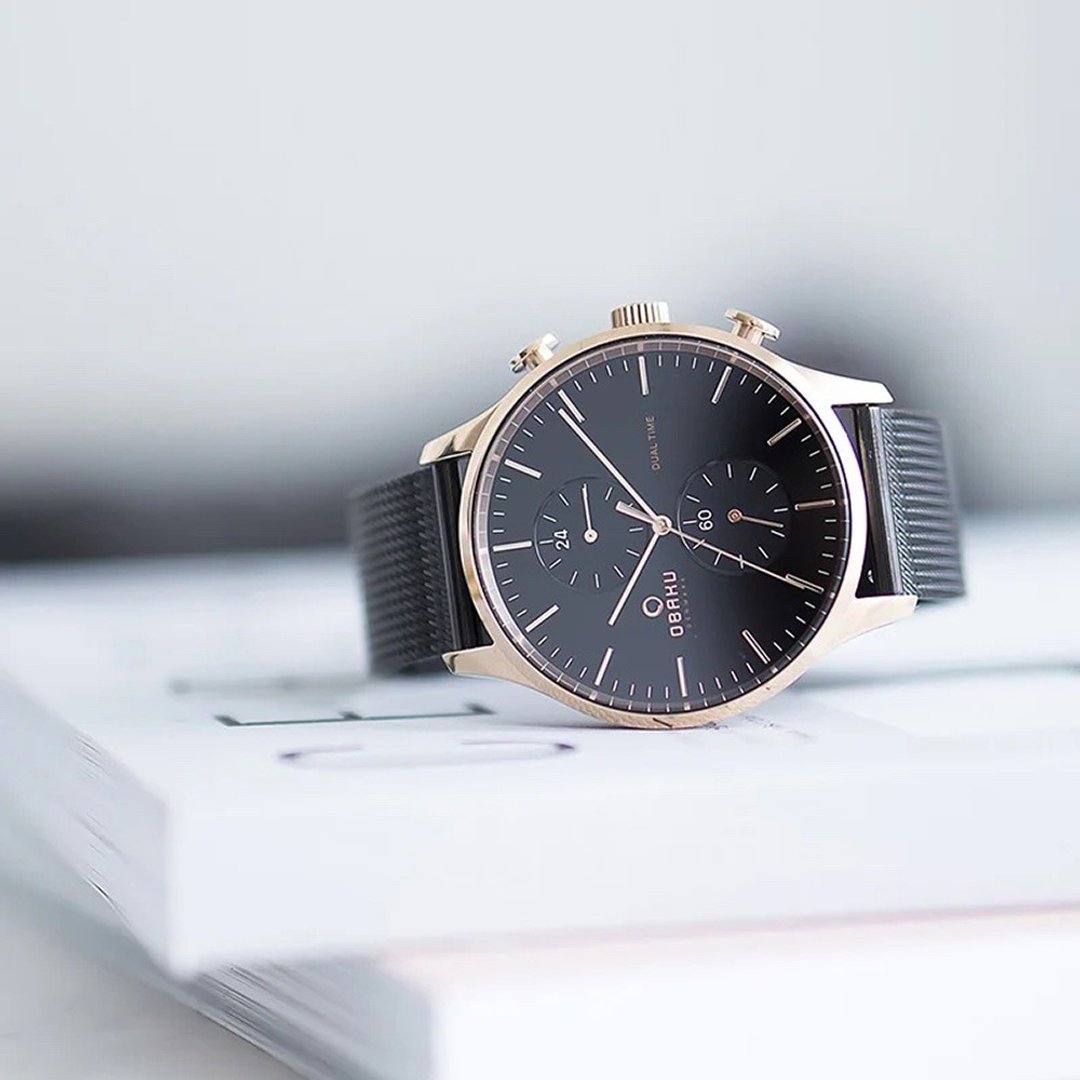 OBAKU 双时区极简米兰腕表-玫瑰金x黑(V196GUVBMB)/42mm - 男表/中性表 - 不锈钢 多色