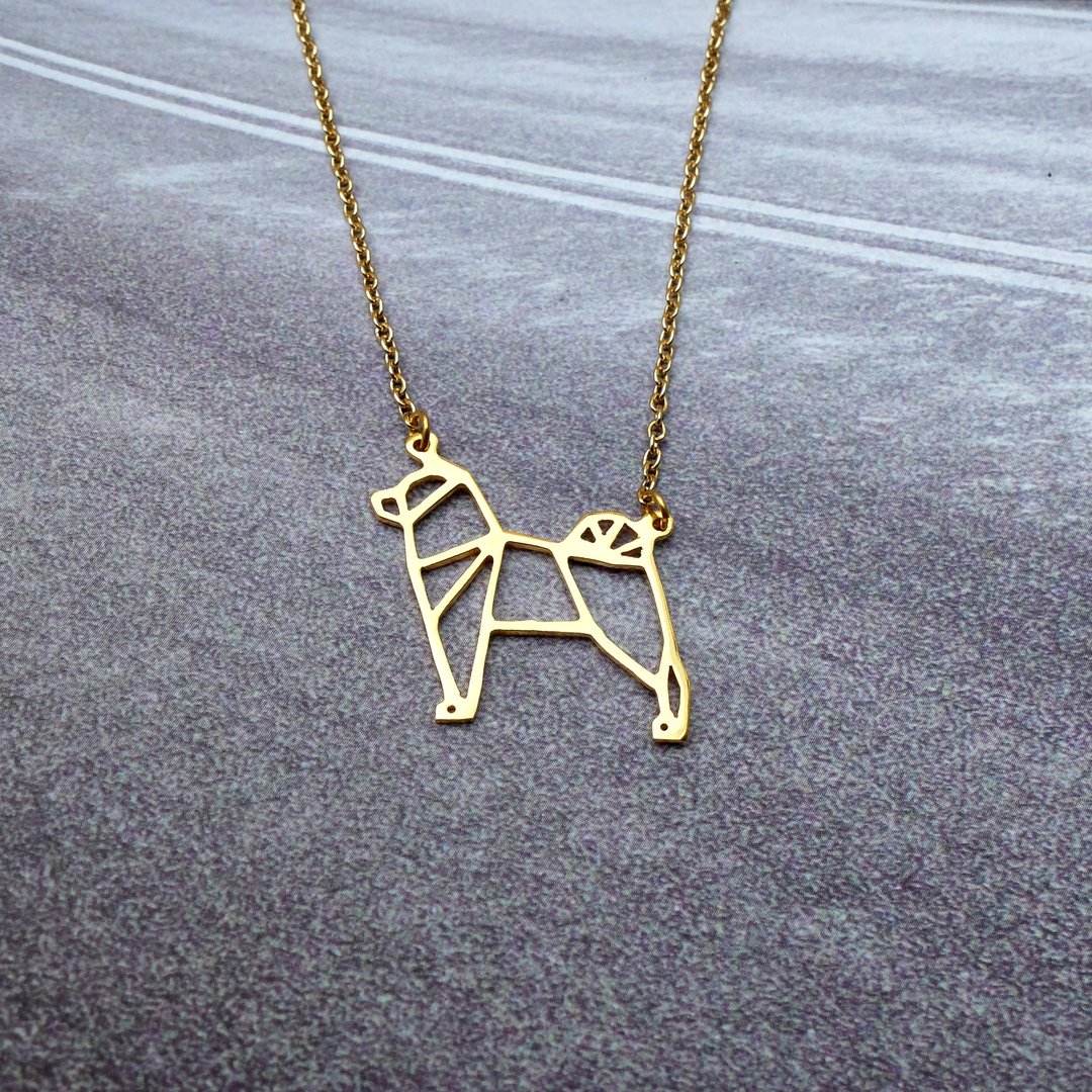 Shiba Inu Necklace Gift for Dog lover, Origami Dog, Gold Plated Brass - 项链 - 铜/黄铜 金色