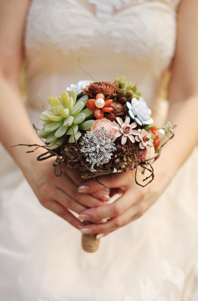 珠宝捧花【仿真多肉系列】干燥多肉珠宝捧花 - 植栽/盆栽 - 其他材质 绿色