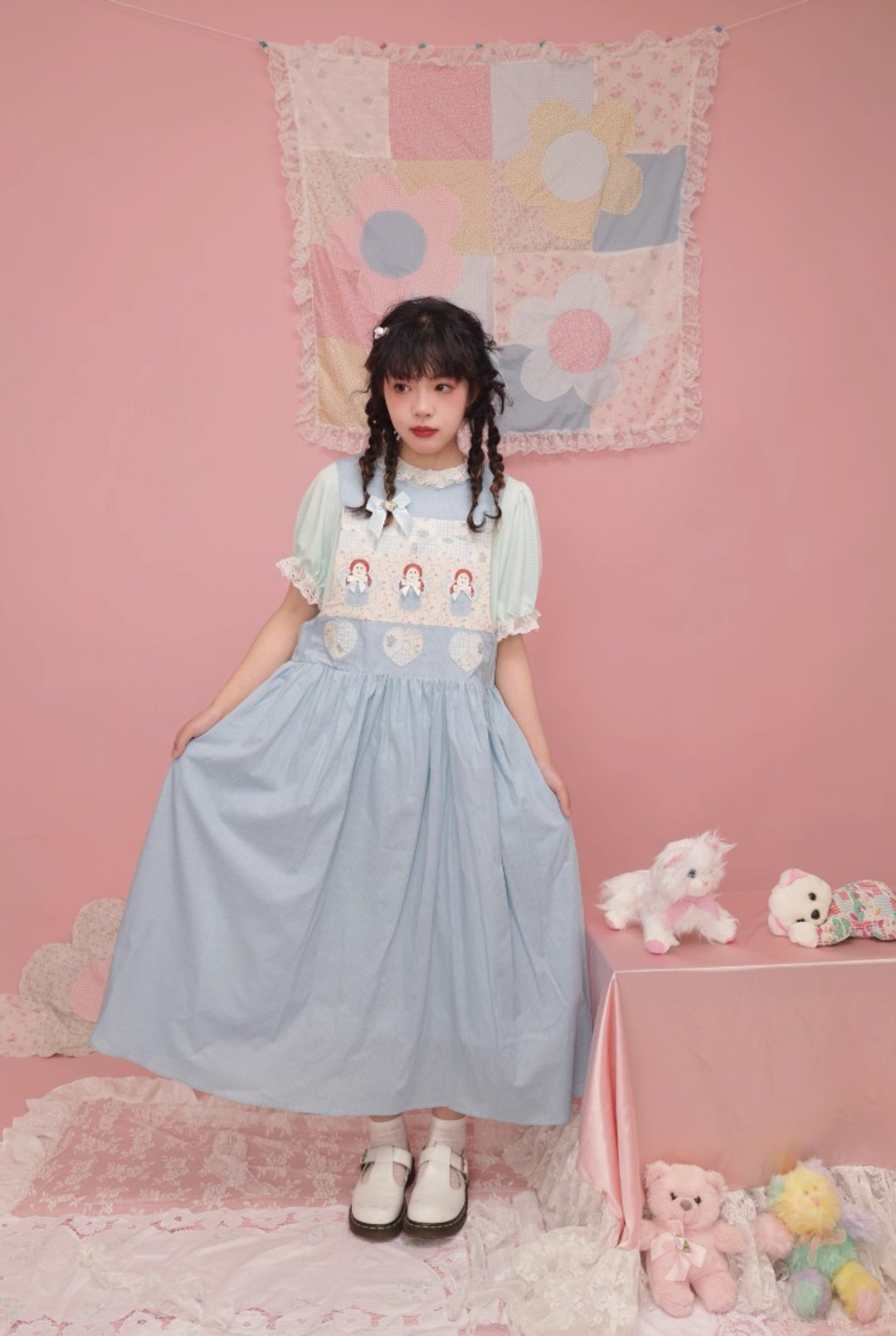 古着少女感 拼布小天使连身裙 - 洋装/连衣裙 - 其他材质 蓝色