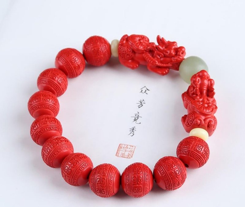 新款美货 天然原矿朱砂精品红砂回纹珠 貔貅手链 高含量95以上 - 手链/手环 - 宝石 
