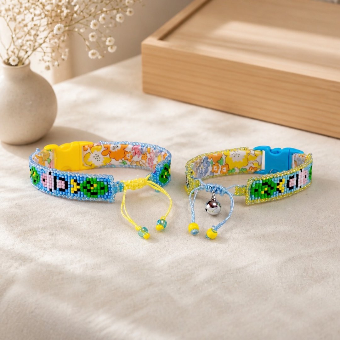 小海洋世界 珠饰编织猫咪项圈 粉红×绿 Beaded Cat Collar - 项圈/牵绳 - 棉 多色