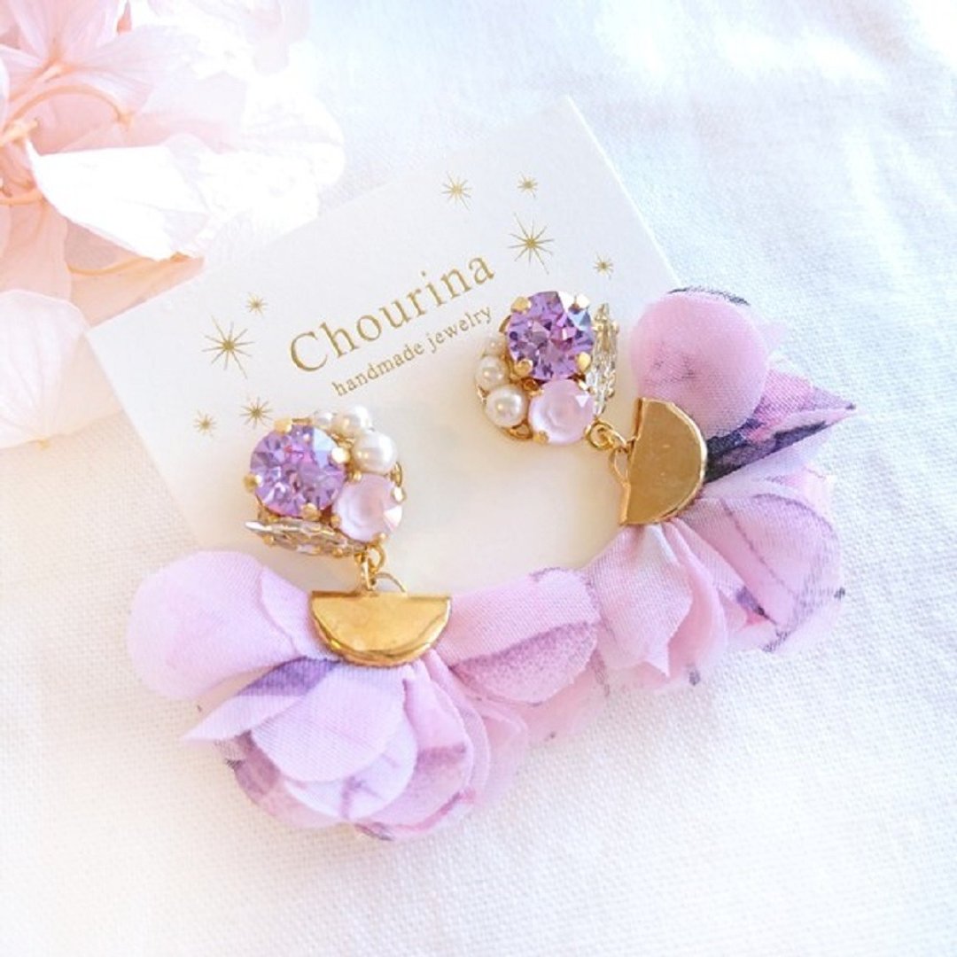 [Limited quantity] Chiffon flower and bijou Clip-On, earrings (pink) - 耳环/耳夹 - 水晶 粉红色