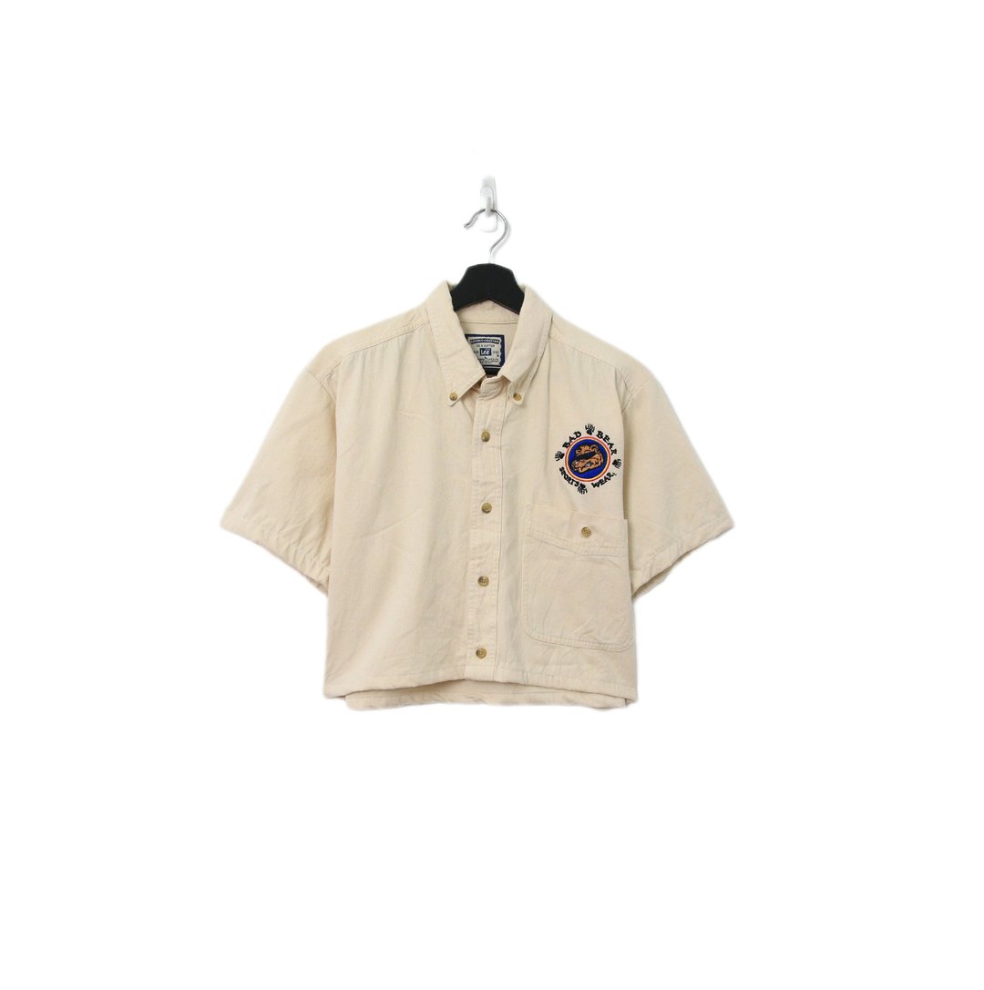 Back to Green-再制短板刺绣衬衫 墨镜棕熊 wt-16//vintage shirt - 女装衬衫 - 棉 