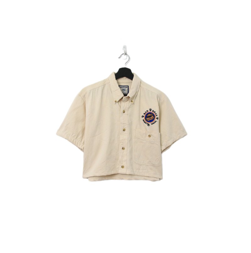 Back to Green-再制短板刺绣衬衫 墨镜棕熊 wt-16//vintage shirt - 女装衬衫 - 棉 