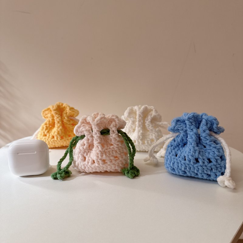 手作 耳机收纳袋 编织袋 束口小福袋 - 耳机收纳 - 棉．麻 白色