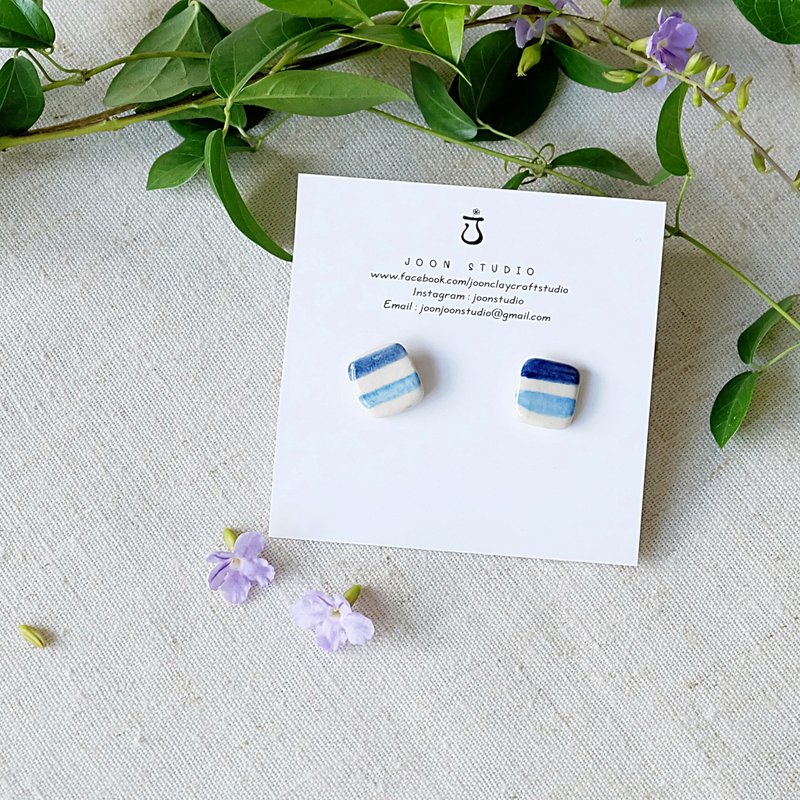 blue tone triple earring - 耳环/耳夹 - 陶 蓝色