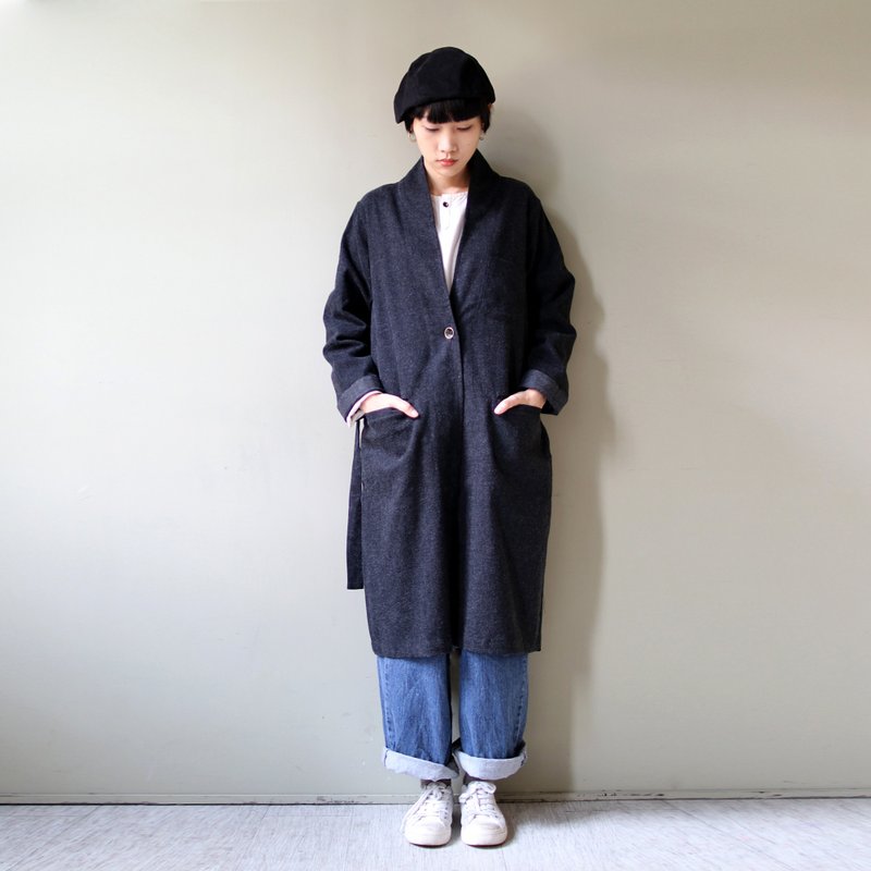 OMAKE 毛呢长领绑带单扣长袍_灰黑 - 女装休闲/机能外套 - 棉．麻 黑色
