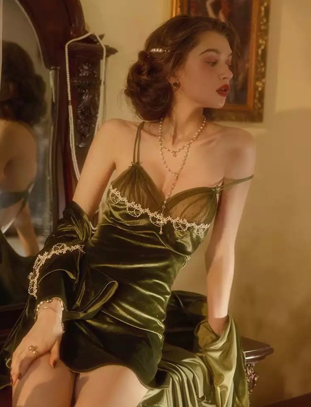 Nightgown green velvet dress set with robe - 居家服/睡衣 - 其他材质 