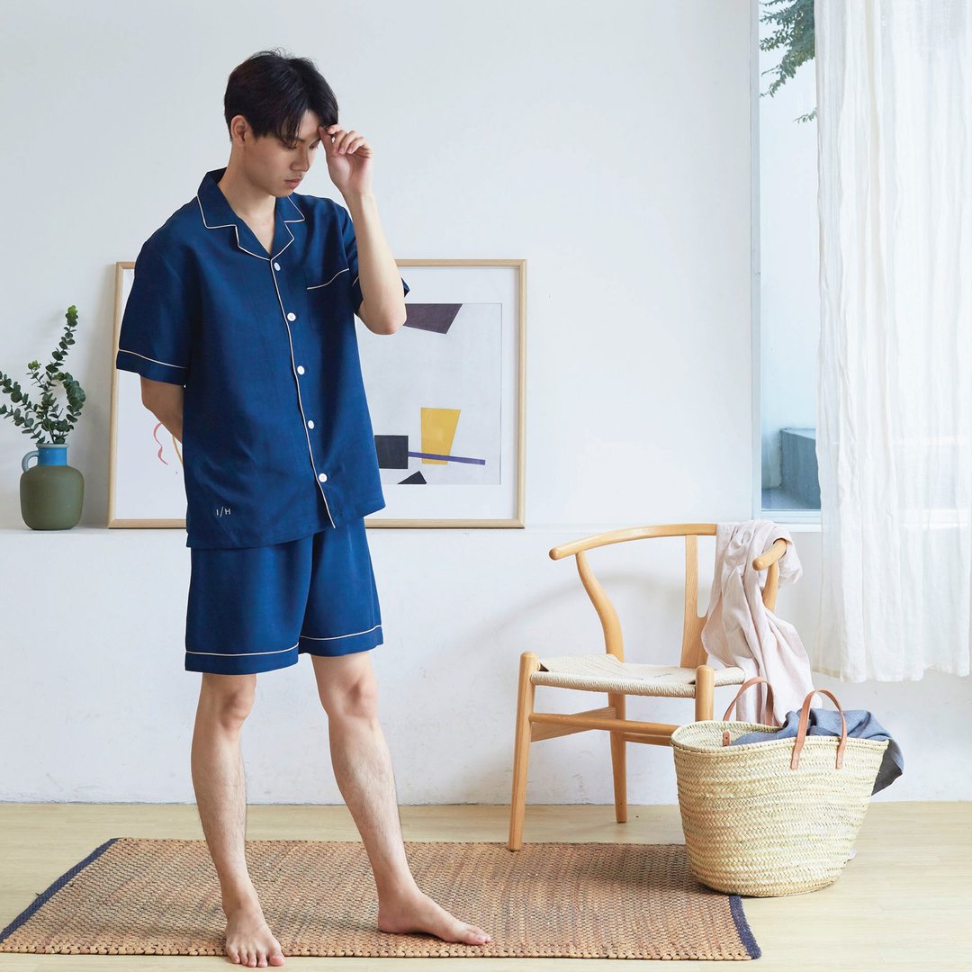Linen Pajamas Short sleeve with Shorts - 居家服/睡衣 - 亚麻 蓝色