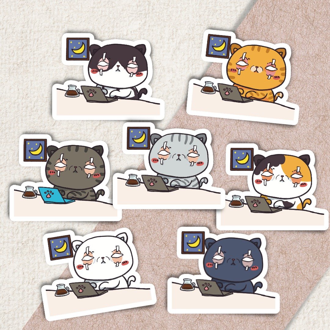 猫咪贴纸 / 咖啡续命 / pvc / 5cm - 贴纸 - 其他材质 多色