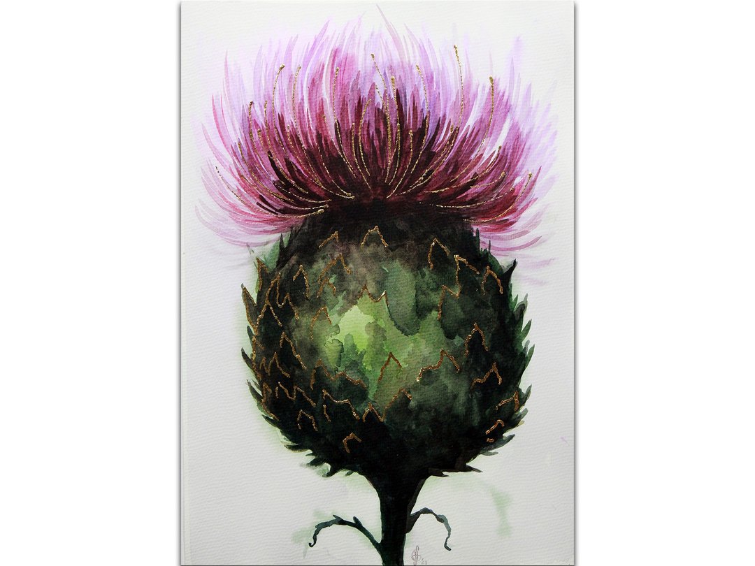 Thistle Painting Flower Original Art Gold Leaf Floral Watercolor Hand-Painted - 海报/装饰画/版画 - 纸 绿色