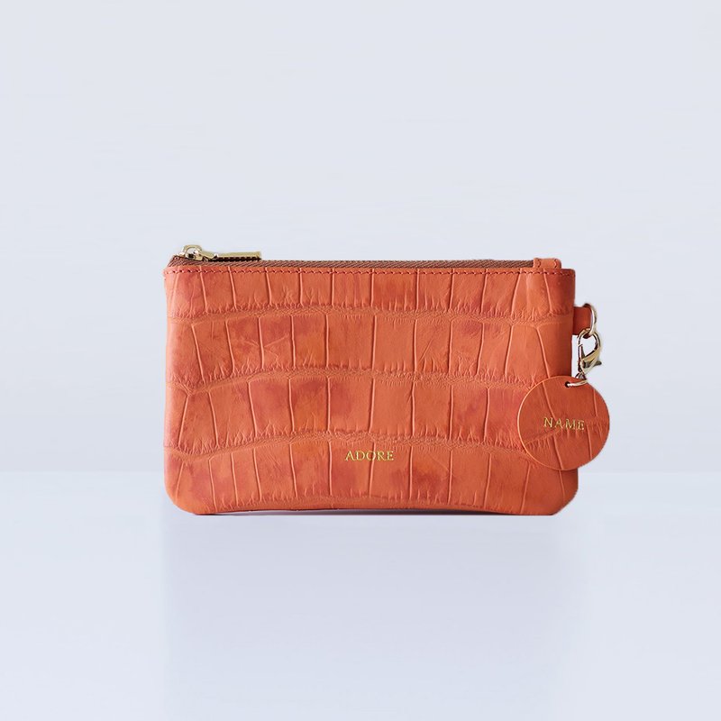 Handmade leather Coin Purse with Personalized Name Stamp - Juicy Orange - 零钱包 - 真皮 橘色