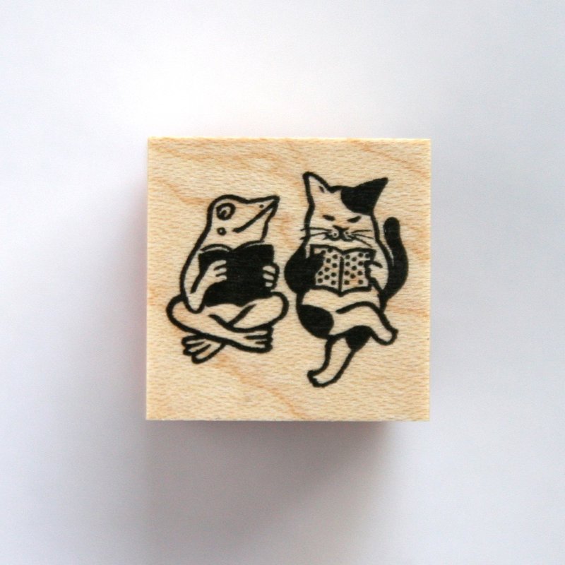 印章 猫咪与青蛙在阅读 - 印章/印台 - 木头 卡其色