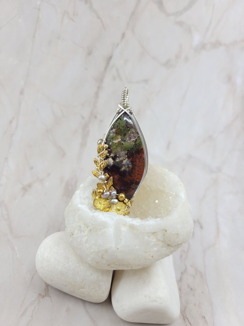 手工绕线 水草玛瑙 999纯银线 颈绳 - 项链 - 银 