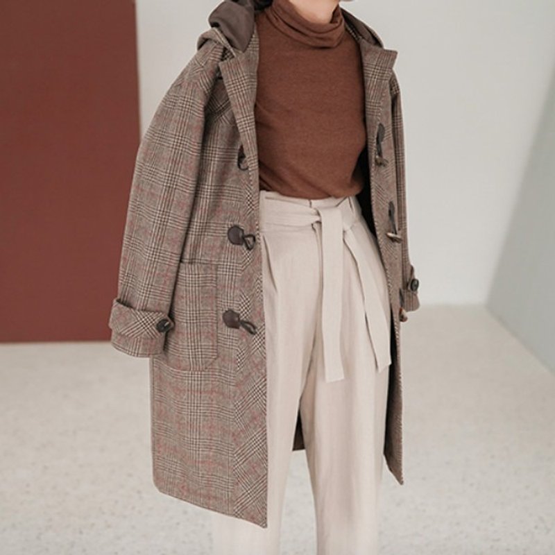 咖啡色格纹 Preppy学院风咖色格纹牛角扣带帽羊毛呢毛料中长大衣 - 女装休闲/机能外套 - 羊毛 咖啡色