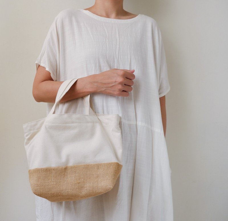 天然麻拼接纯棉手提袋 原色 - 手提包/手提袋 - 棉．麻 卡其色