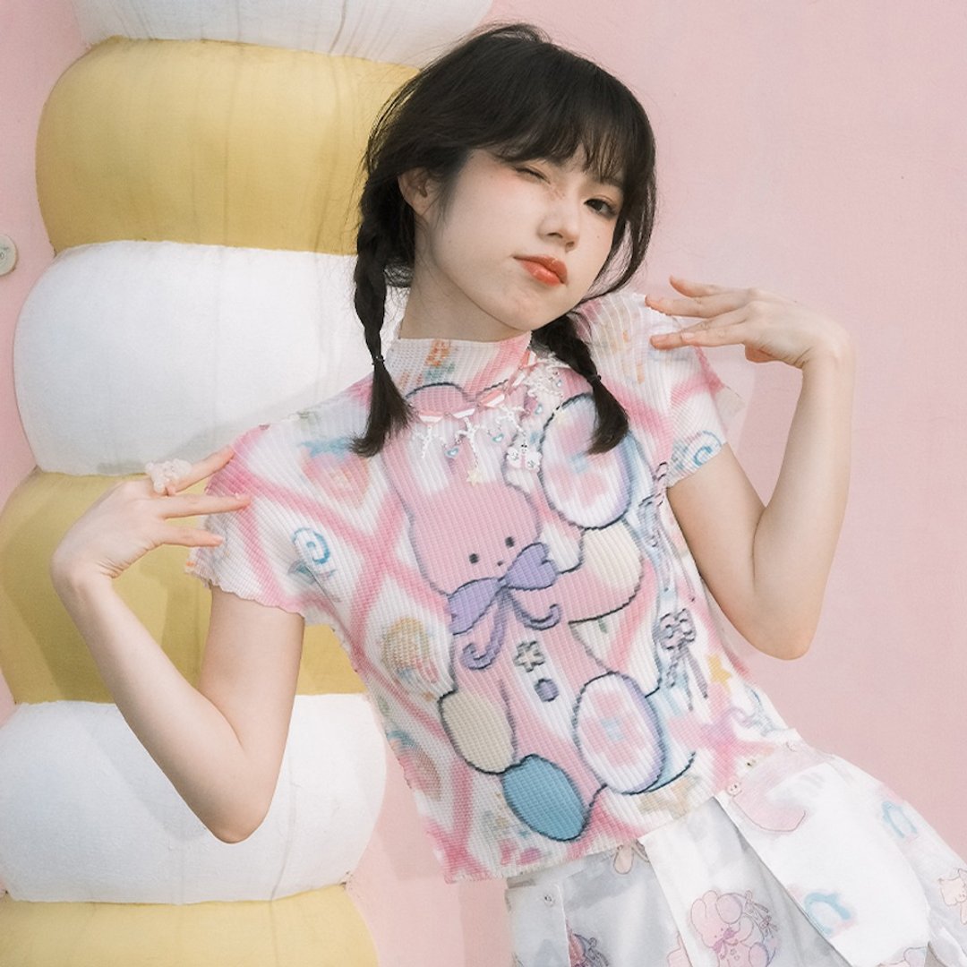 Meugler牛稠岛动物天堂 兔子电话夏日印花褶皱上衣 少女半袖短T恤 - 女装上衣 - 其他人造纤维 粉红色