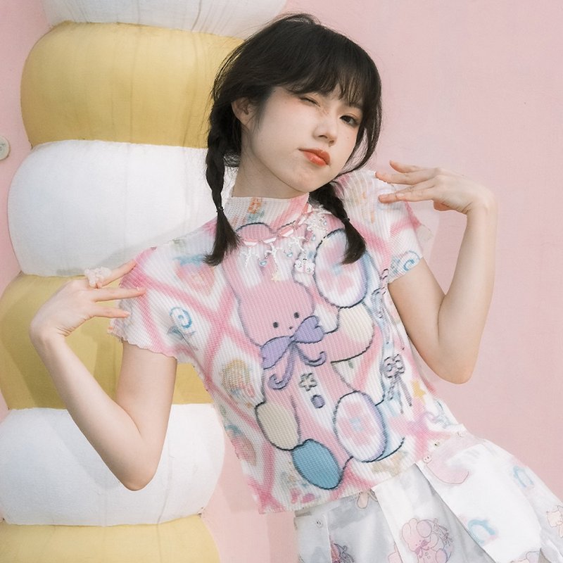 Meugler牛稠岛动物天堂 兔子电话夏日印花褶皱上衣 少女半袖短T恤 - 女装上衣 - 其他人造纤维 粉红色
