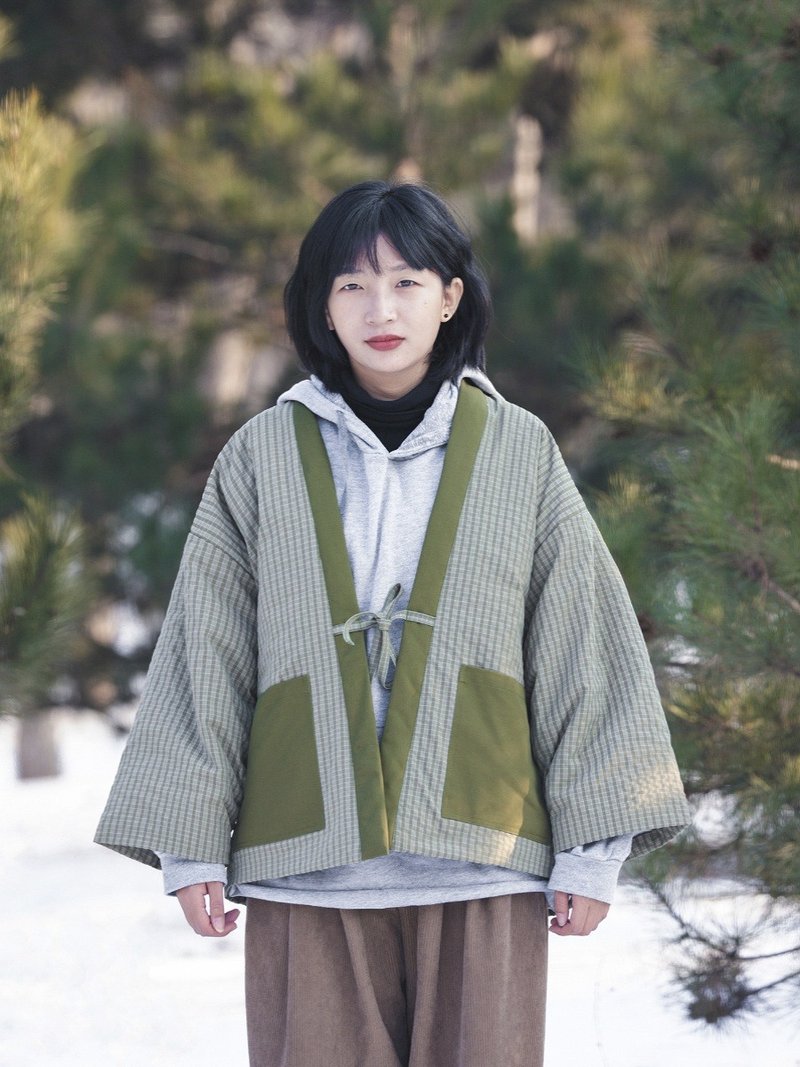 日式和风 羽绒服道袍 绿色格子半缠 - 女装休闲/机能外套 - 其他材质 绿色