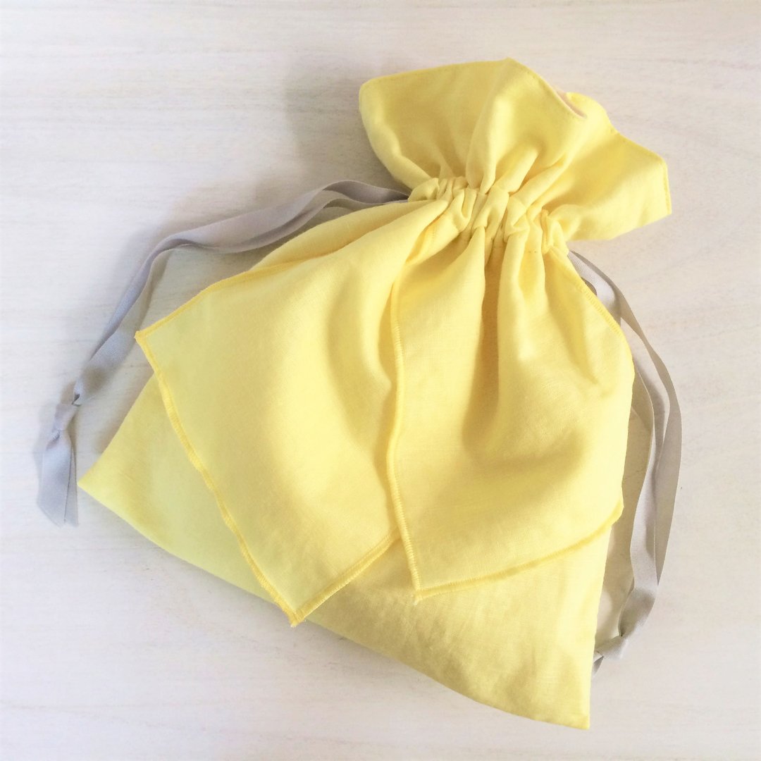 Cotton linen ribbon drawstring yellow - 化妆包/杂物包 - 棉 黄色