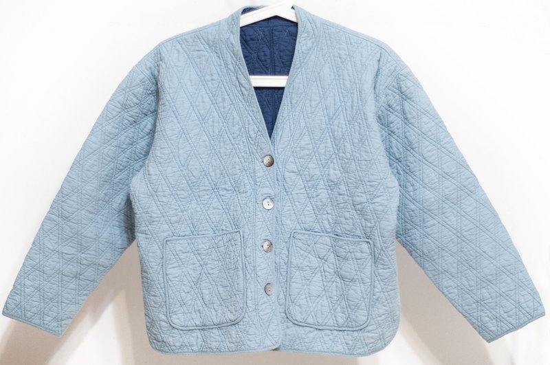 印度有机棉外套 印度棉纯棉 手工拼接菱形铺棉外套-天空蓝色藏青 - 女装休闲/机能外套 - 棉．麻 蓝色