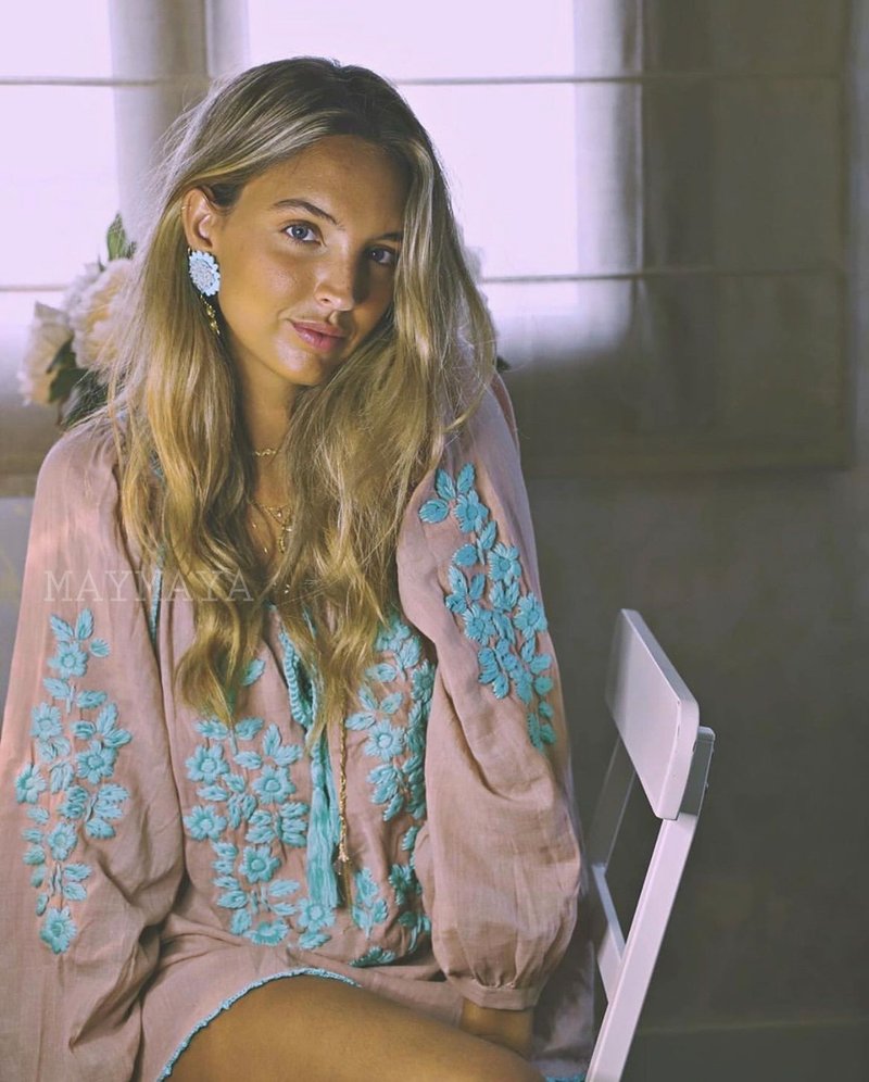 手工制作 花卉刺绣 棉质上衣 夏季罩衫 长袖棉质 - 女装上衣 - 棉．麻 白色