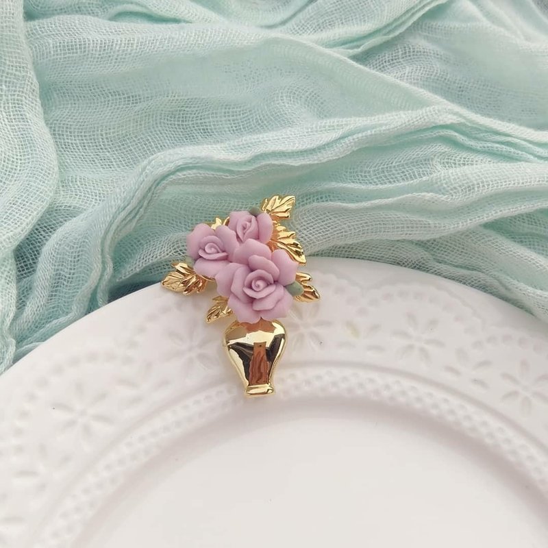 美国古董西洋老件品牌1990年代AVON粉红陶玫瑰花瓶别针 - 胸针 - 陶 粉红色