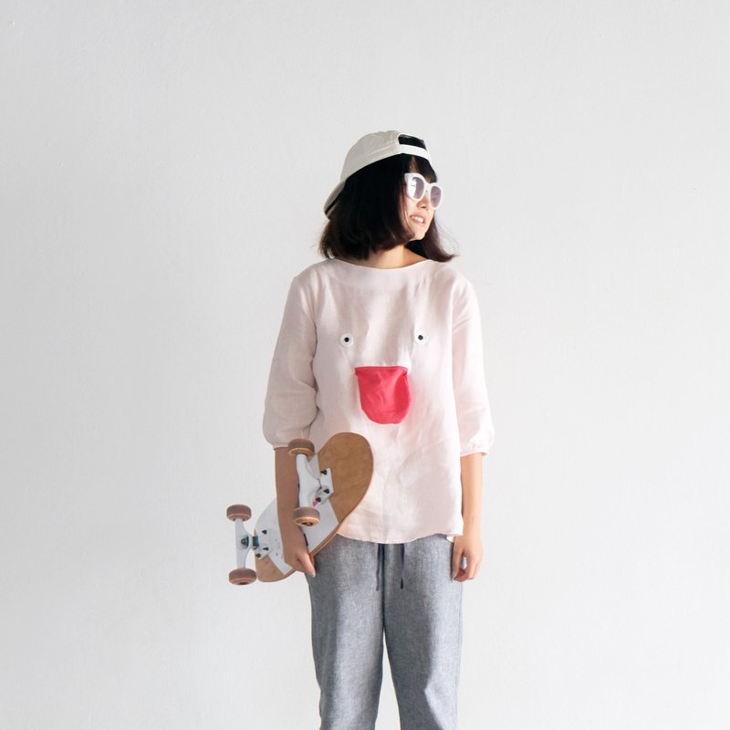 不给糖就捣蛋 - 粉红色亚麻上衣( Trick or Treat ( Baby Pink ) - 女装上衣 - 绣线 粉红色