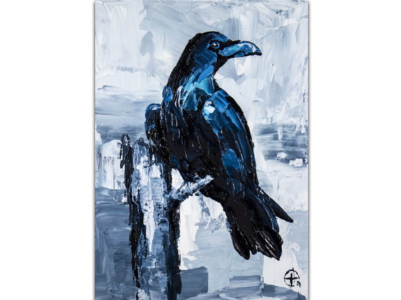Crow Painting Raven Original Art Black Bird Artwork Small Impasto Oil Painting - 海报/装饰画/版画 - 其他材质 黑色