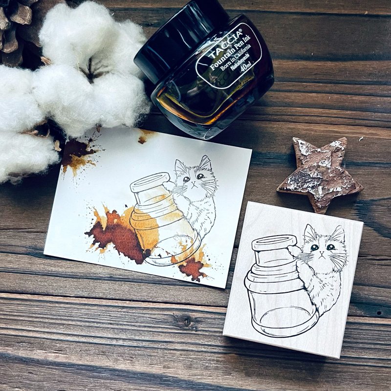 no.185 可爱喵 - 喵喵 - 墨水瓶 枫木印章 - 印章/印台 - 木头 