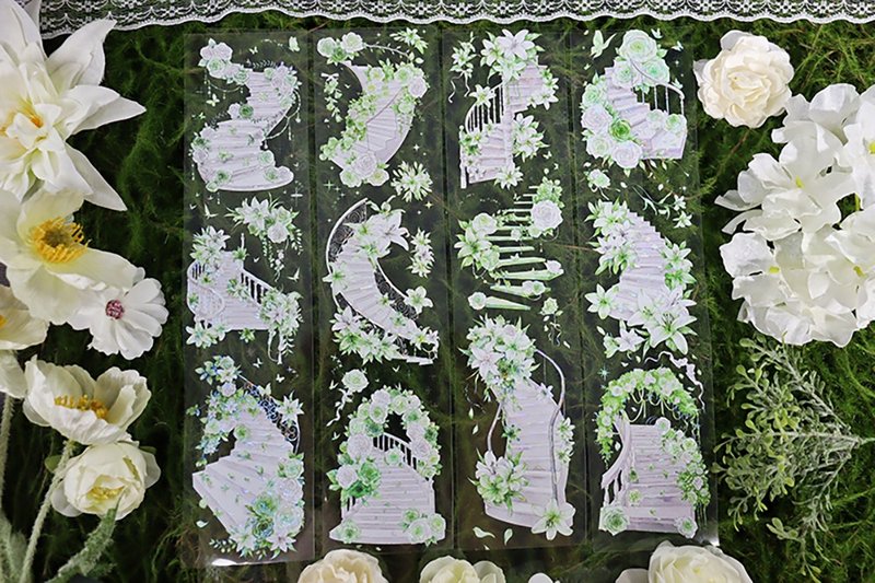 OKMT新七天 造景流麻咕卡贴纸PET手帐手账胶带贝壳光工艺 花梯 - 纸胶带 - 塑料 绿色