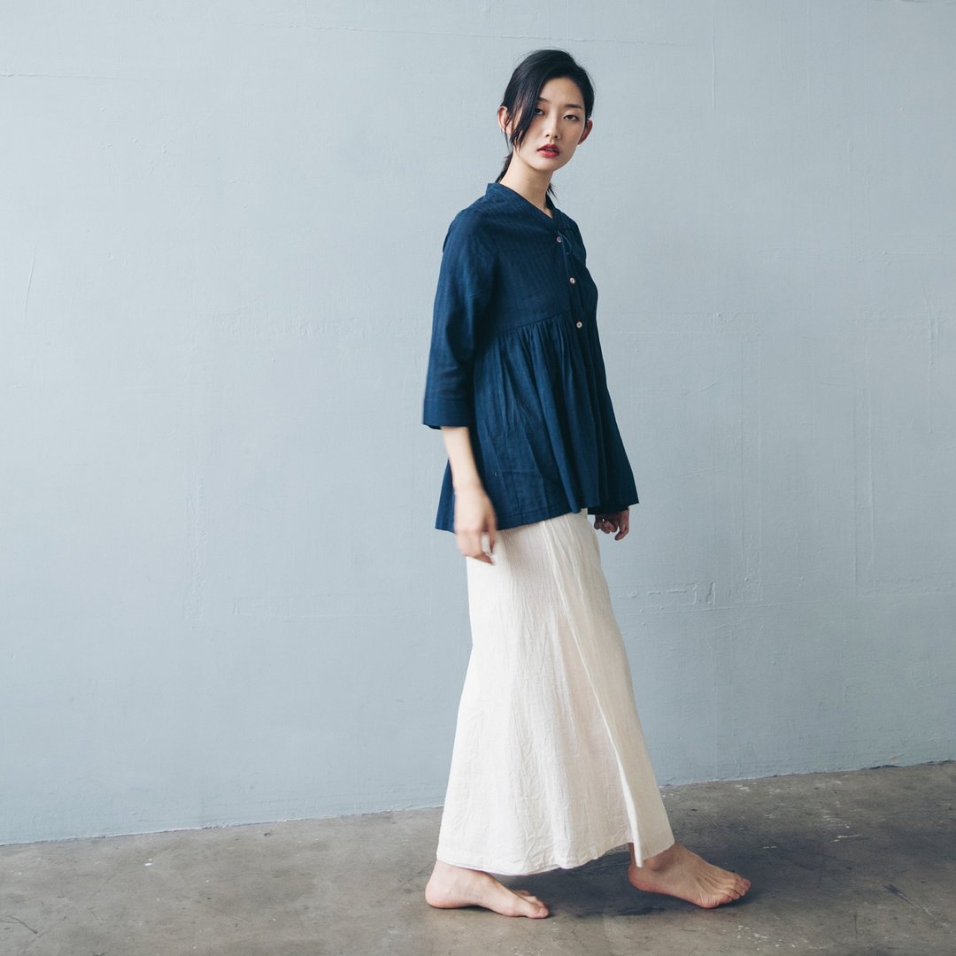 伞状七分袖上衣 - 蓝 - 女装上衣 - 棉．麻 蓝色