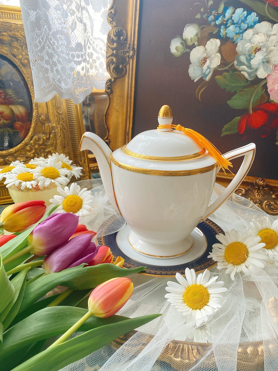 英国骨瓷 1950年英国制 Minton明顿24金手工壶古董壶花茶壶 - 茶具/茶杯 - 瓷 白色