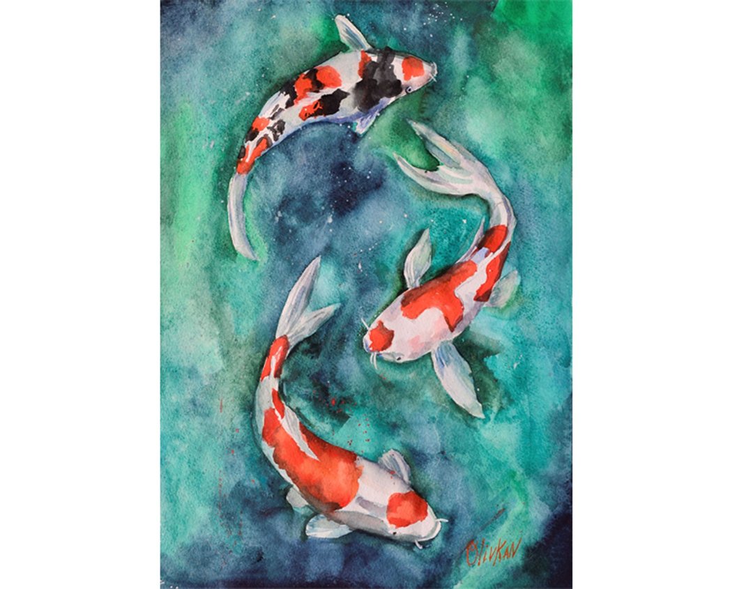 Koi Painting Fish Original Art Watercolor Fishing Wall Art - 海报/装饰画/版画 - 纸 多色
